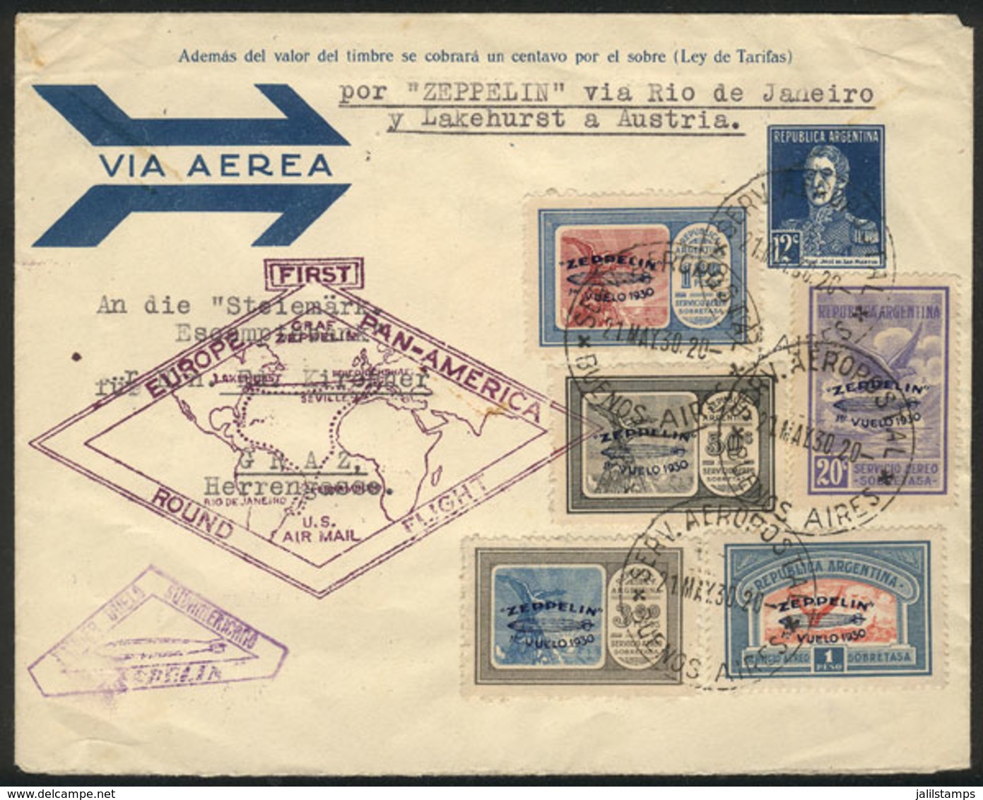 ARGENTINA: GJ.660/664, Zeppelin Complete Set With Blue Overprint Franking A Cover Sent By ZEPPELIN From Buenos Aires To - Luftpost