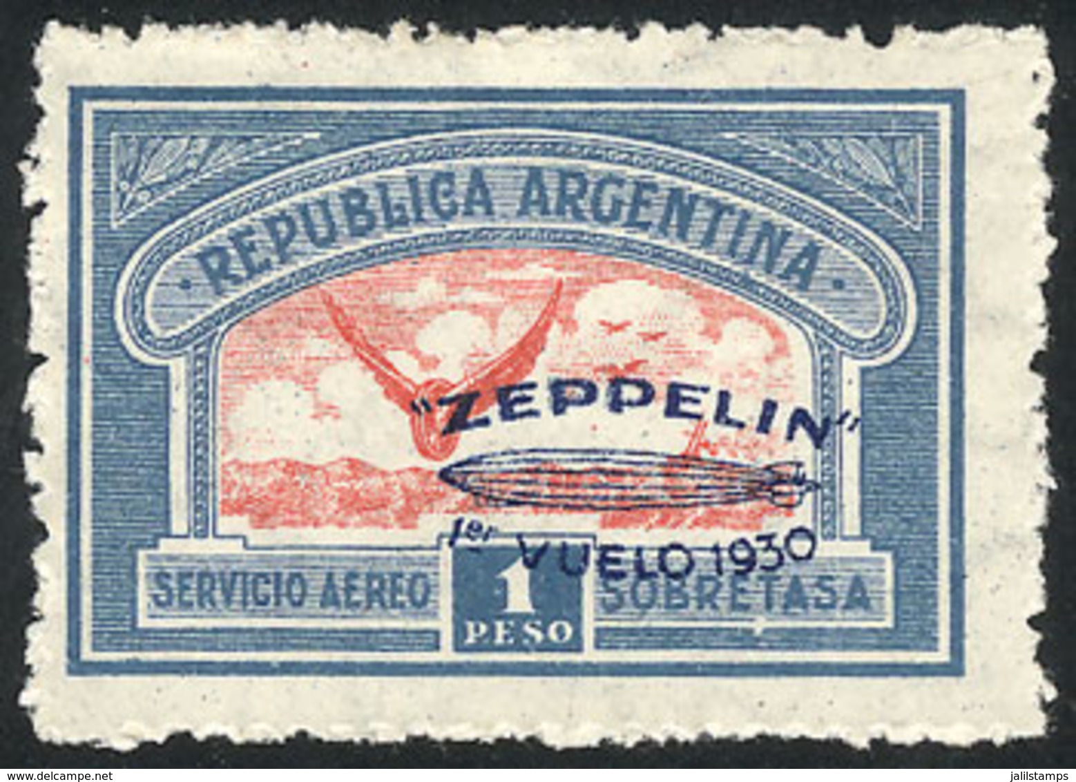 ARGENTINA: GJ.662, 1P. Zeppelin With Blue Overprint, With VARIETY: Shifted Overprint, Very Nice! - Poste Aérienne