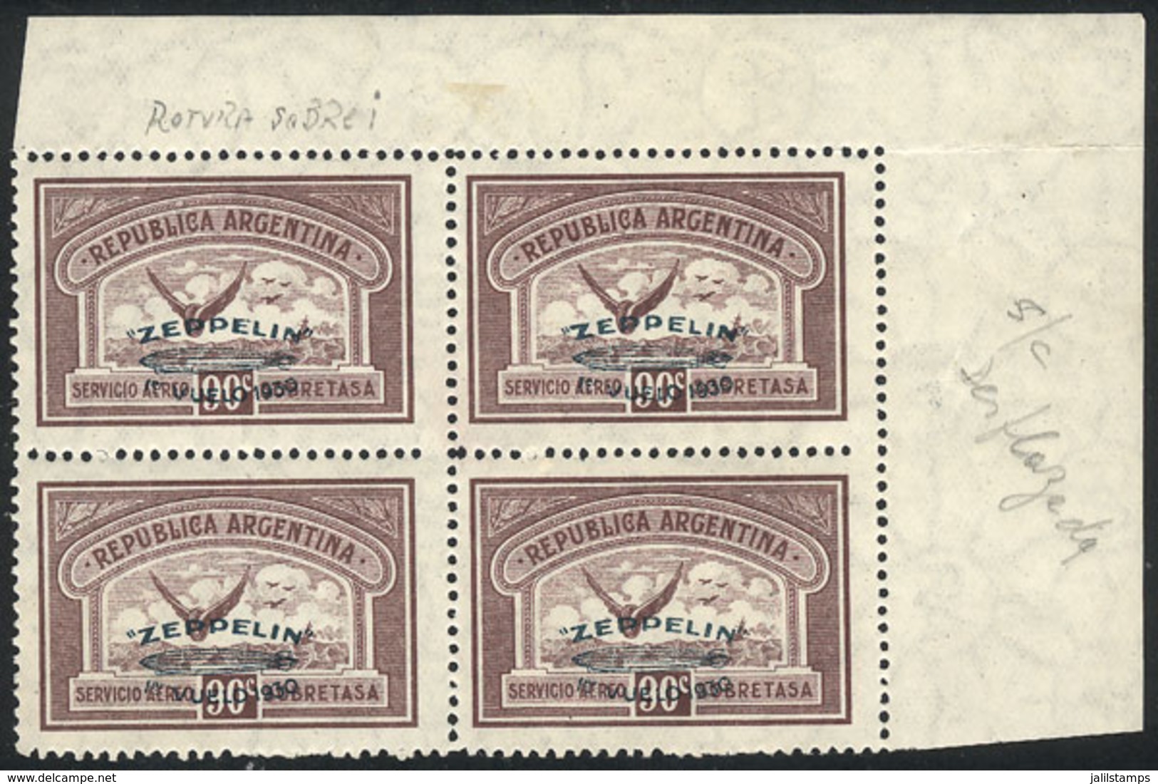 ARGENTINA: GJ.667, 90c. Zeppelin With Green Overprint, Corner Block Of 4 With VARIETIES: Overprints With Downward Shift, - Poste Aérienne