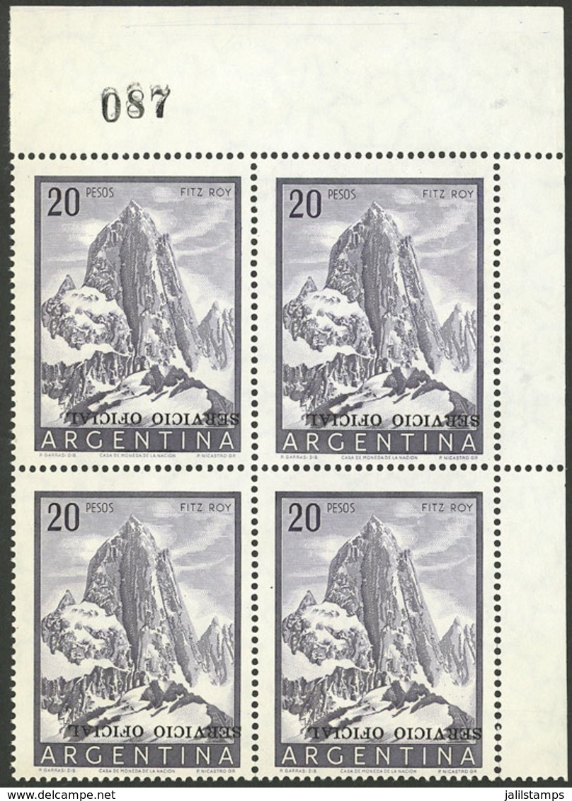 ARGENTINA: GJ.725a, 20P. Fitz Roy With INVERTED OVERPRINT, Corner Block Of 4, MNH (50%), Superb, Possibly The Best - Blocs-feuillets