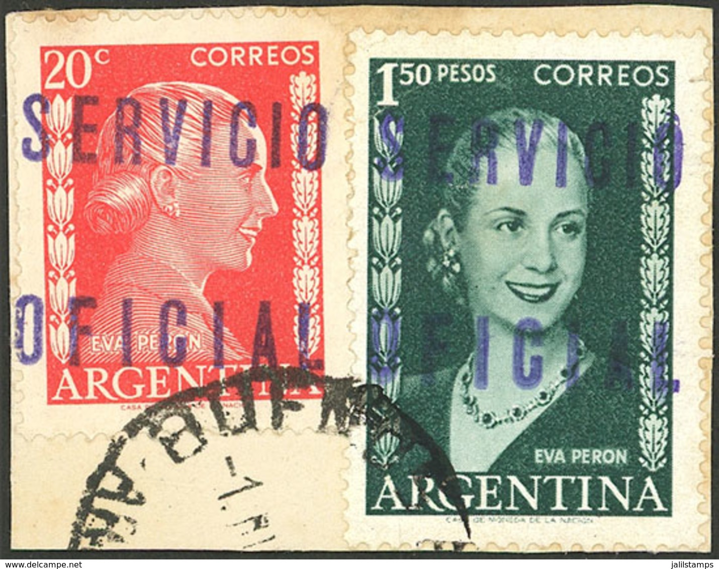 ARGENTINA: GJ.815 + 822, Presidencia De La Nación, Eva Perón 20c. + 1.50P. With Inscription, On Fragment Used In B - Blocs-feuillets