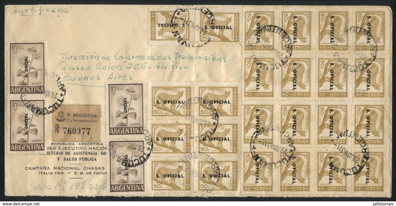 ARGENTINA: Registered Cover Used On 29/JUN/1963 With Fantastic Postage Of $16 That Includes GJ.72 X24, One Of The La - Officials