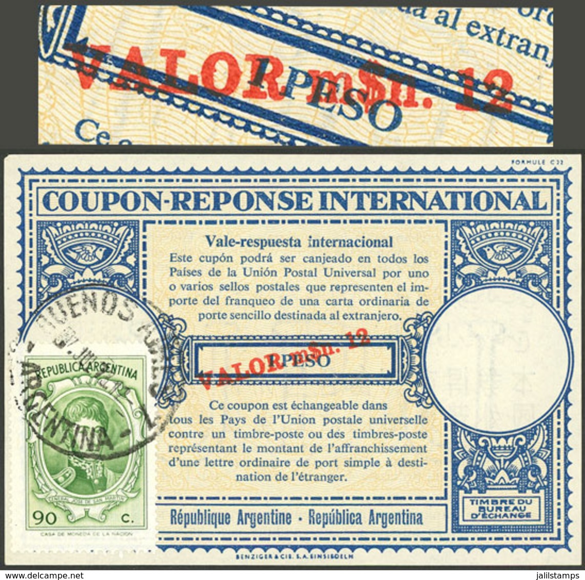 ARGENTINA: IRC (cancelled 7/JUL/1973) With An Original Value Of "1 PESO" Surcharged In Red "VALOR M$n - Autres & Non Classés