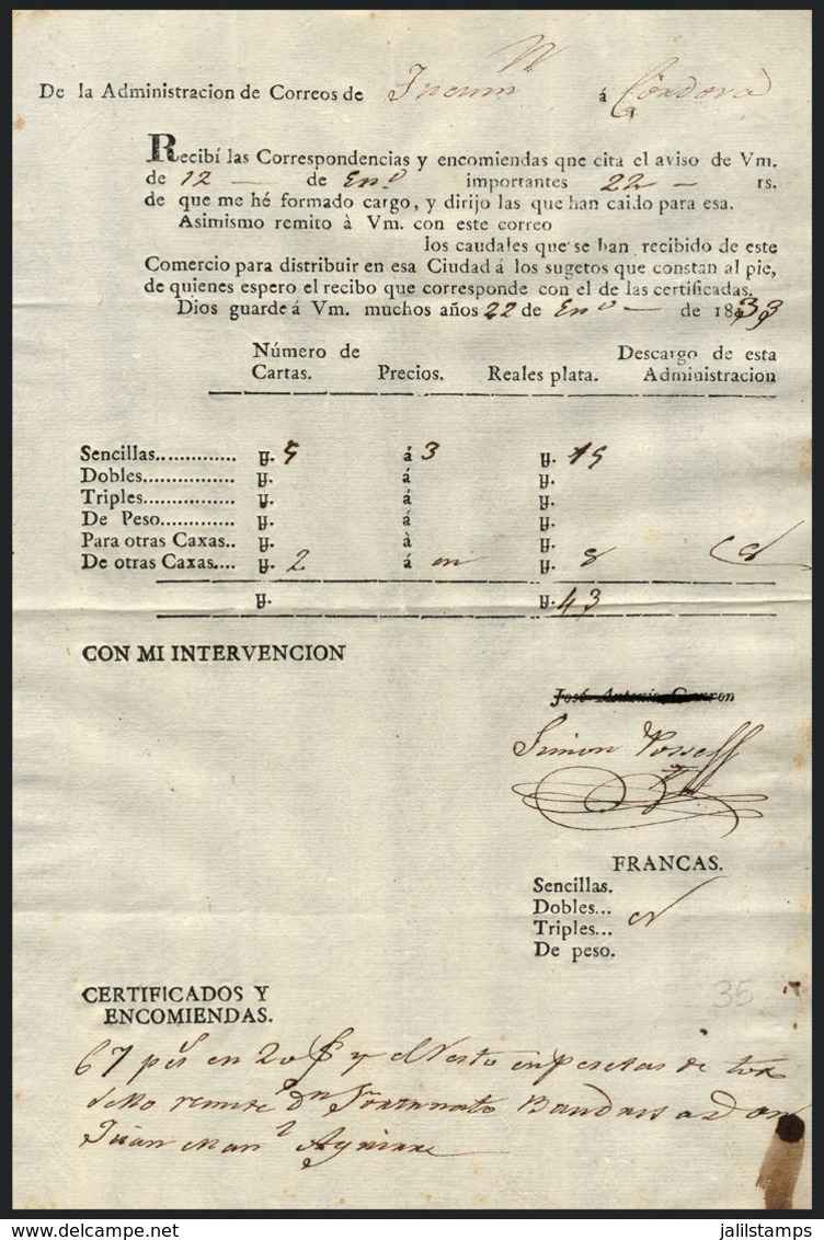 ARGENTINA: Guia De Correo Sent From Tucumán To Córdoba On 22/JA/1833, VF Quality! - Autres & Non Classés