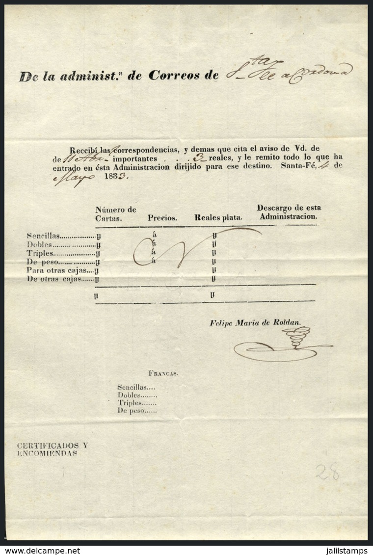 ARGENTINA: Guia De Correo Sent From Santa Fe To Córdoba On 4/MAY/1833, VF Quality! - Autres & Non Classés