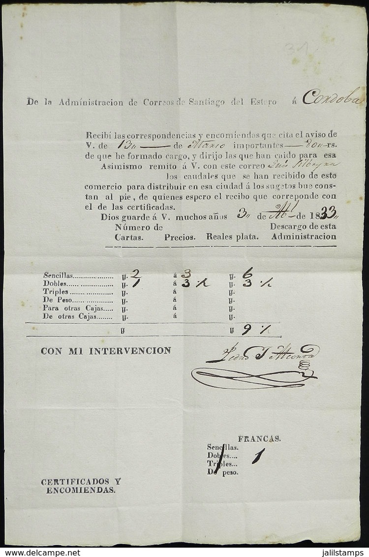 ARGENTINA: Mail Guide (Guía De Correspondencia) Sent From SANTIAGO DEL ESTERO To Córdoba On 2/MAR/1836, Excellent Q - Autres & Non Classés