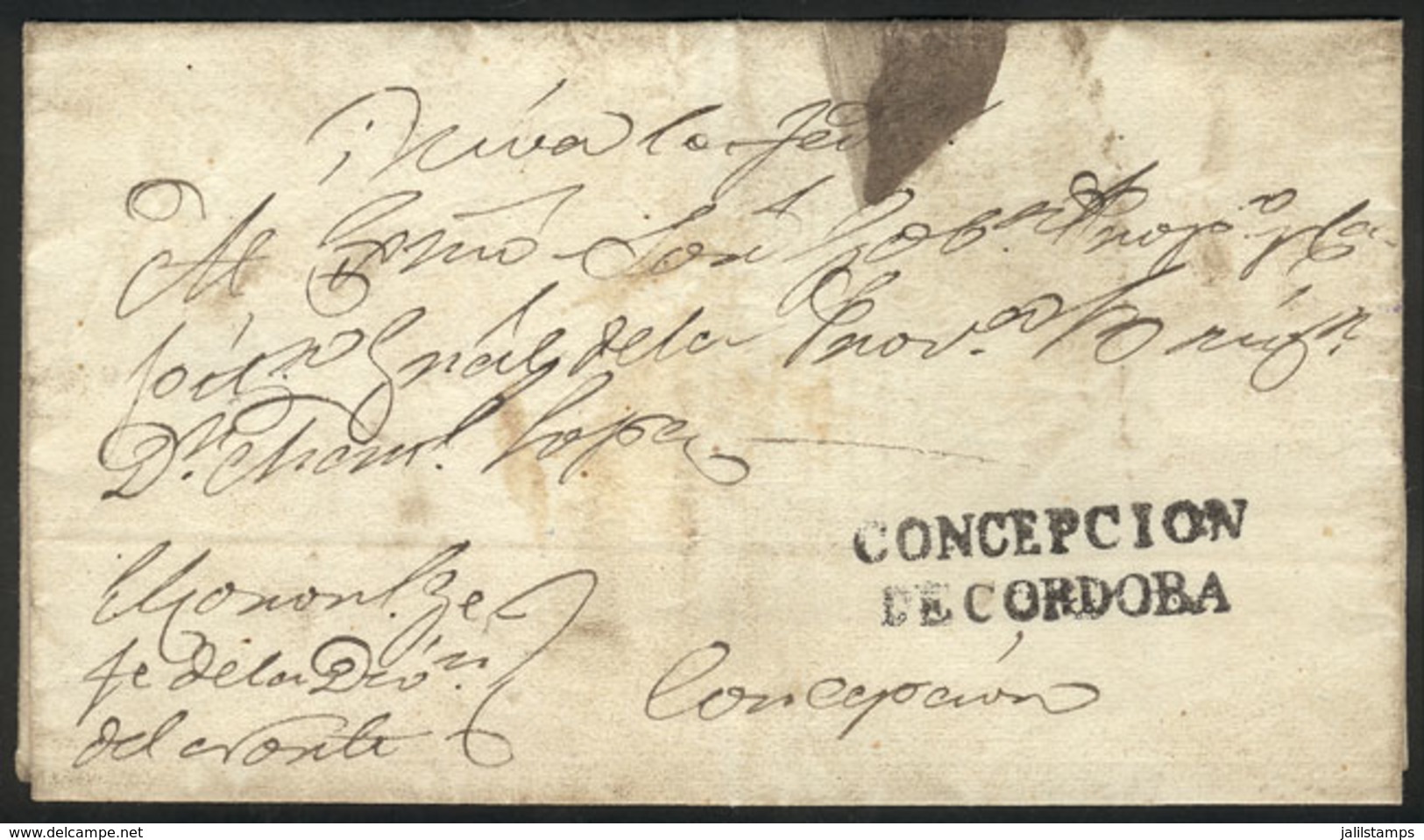ARGENTINA: Folded Cover Used In 1840s (genuine), With A FORGED Straightline Pre-stamp Mark "CONCEPCION DE CORDOBA" - Autres & Non Classés