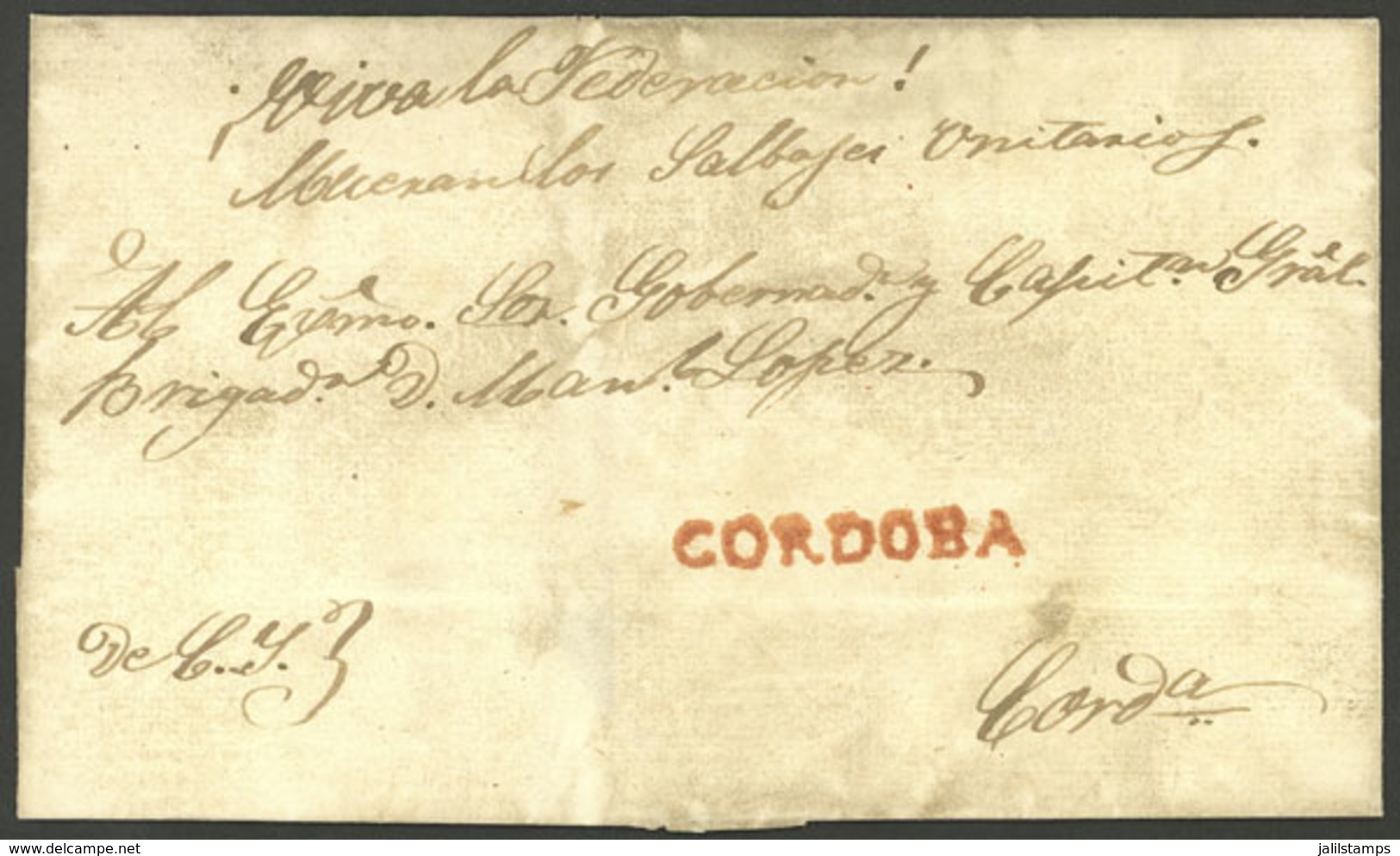 ARGENTINA: Folded Cover Used In 1850s (genuine), With A FORGED Straightline Pre-stamp Mark "CORDOBA", Produced By A - Autres & Non Classés