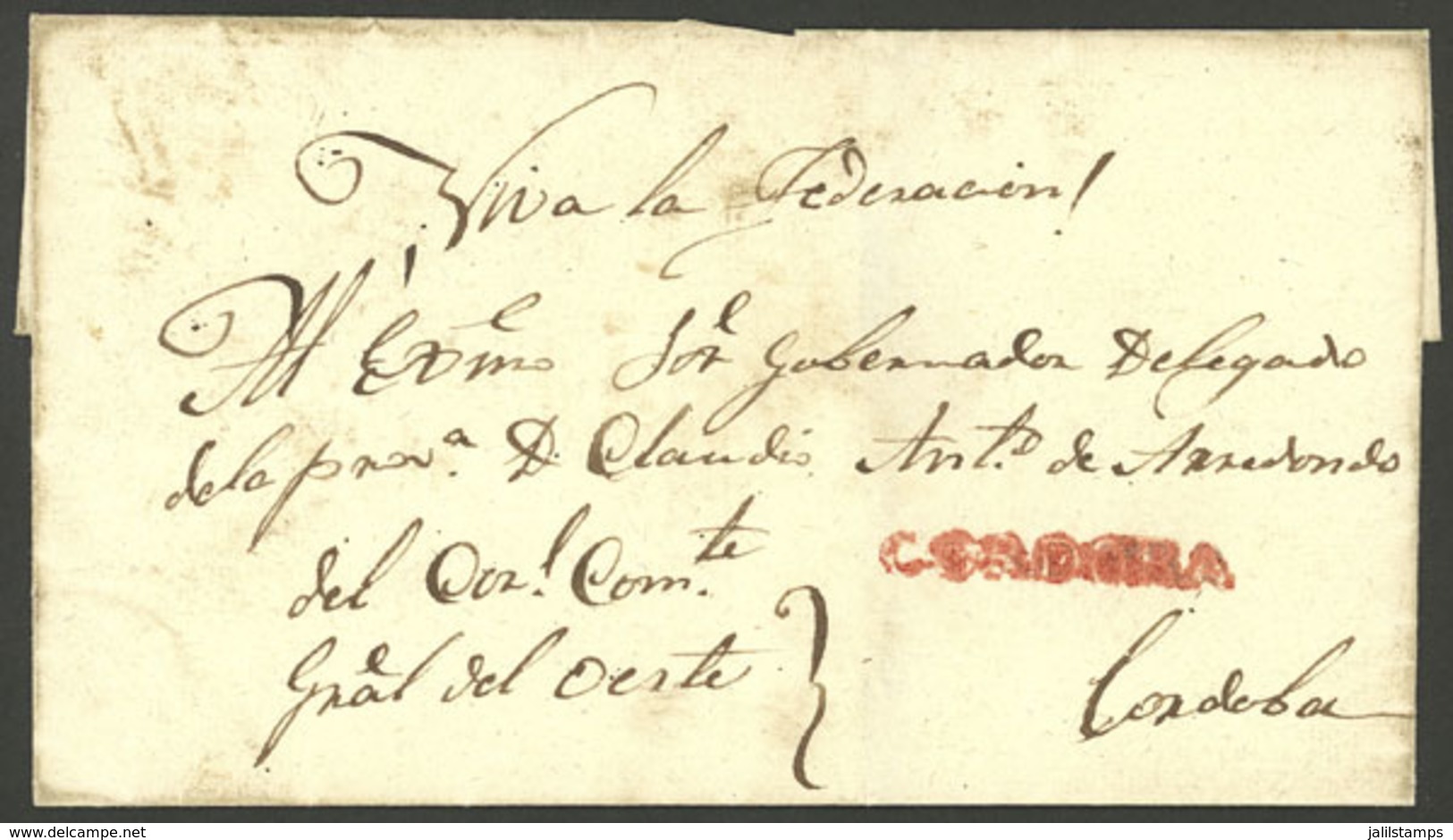 ARGENTINA: Folded Cover Used In 1850s (genuine), With A FORGED Straightline Pre-stamp Mark "CORDOBA", Produced By A - Altri & Non Classificati
