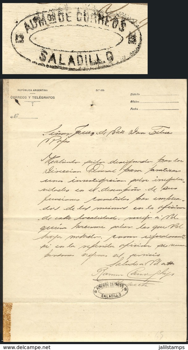 ARGENTINA: Circa 1880, Document Sent To The Justice Of The Peace Of Saladillo With Oval Handstamp "ADMON DE CORREOS - Altri & Non Classificati