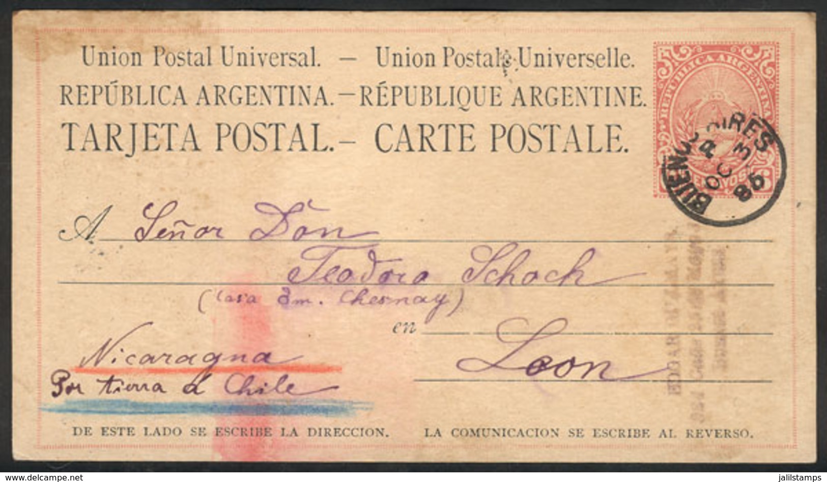ARGENTINA: RARE DESTINATION: 6c. Postal Card Sent From Buenos Aires To NICARAGUA On 3/OC/1885 "by Land To Chile", W - Autres & Non Classés