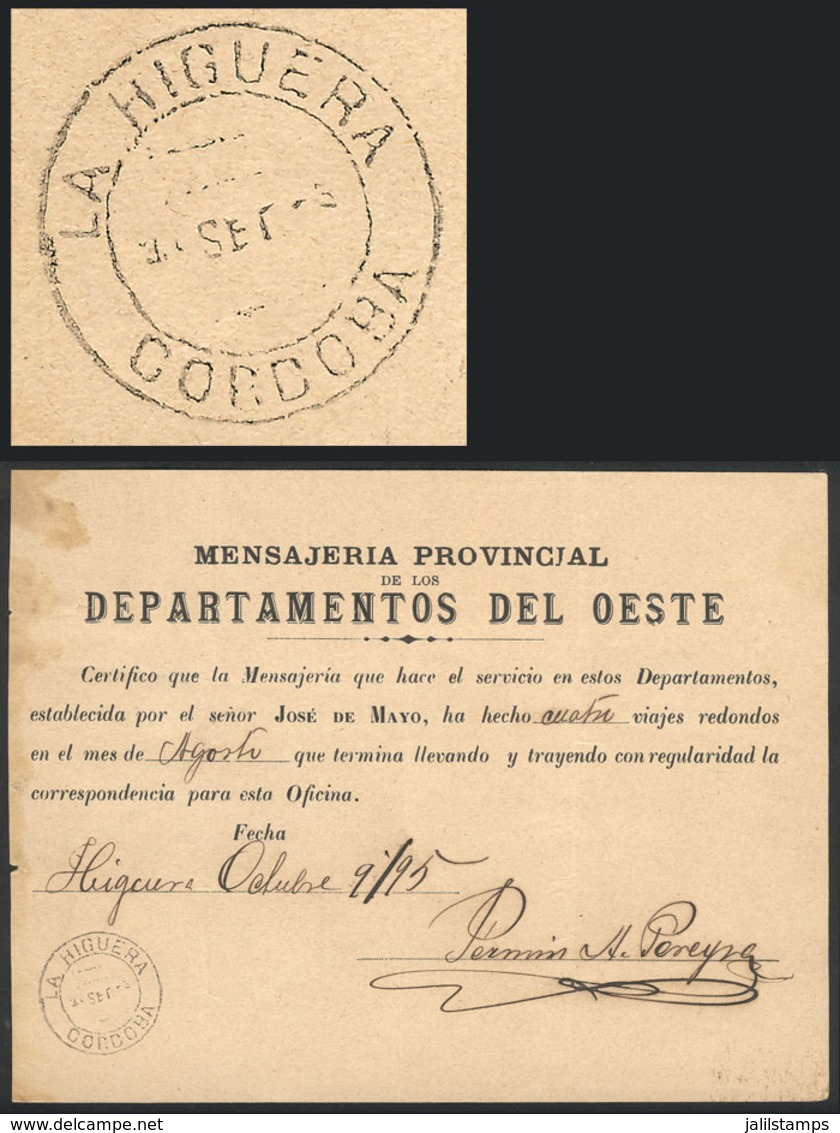 ARGENTINA: Certificate Of Stagecoach Mail "Mensajería Provincial De Los Departamentos Del Oeste", With Cancel Of LA - Altri & Non Classificati