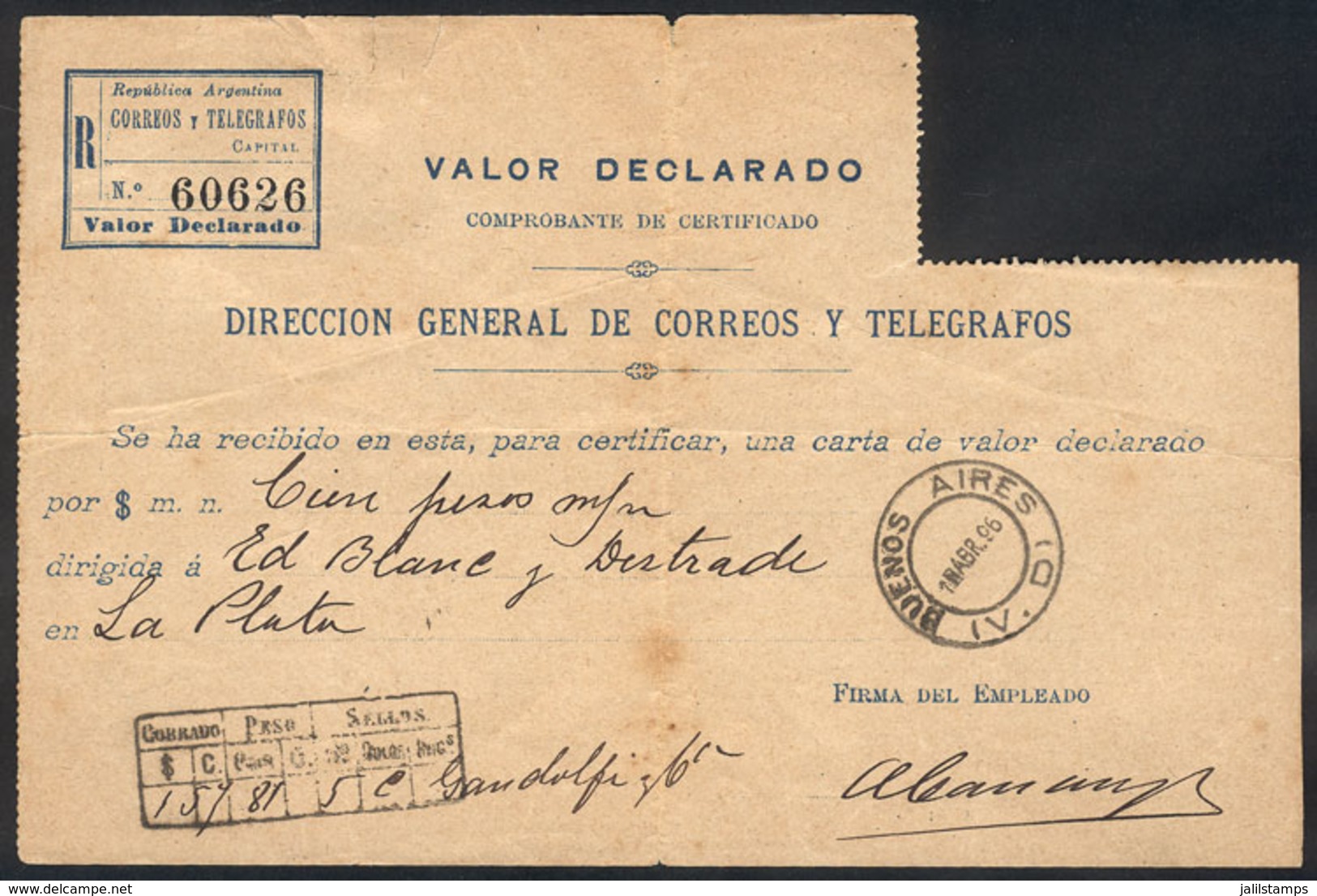 ARGENTINA: Receipt Of A Declared Value Sent From Buenos Aires To La Plata On 1/AP/1896, Very Rare! - Autres & Non Classés