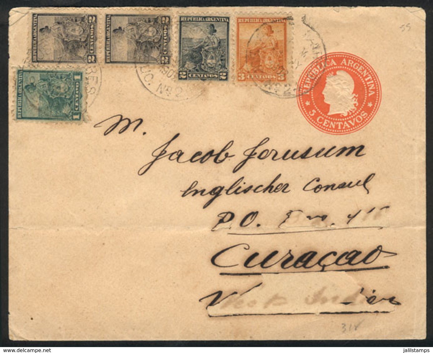 ARGENTINA: RARE DESTINATION: 5c. Stationery Envelope + 10c. (stamps Of Seated Liberty), Total Postage 15c., Sent To - Altri & Non Classificati