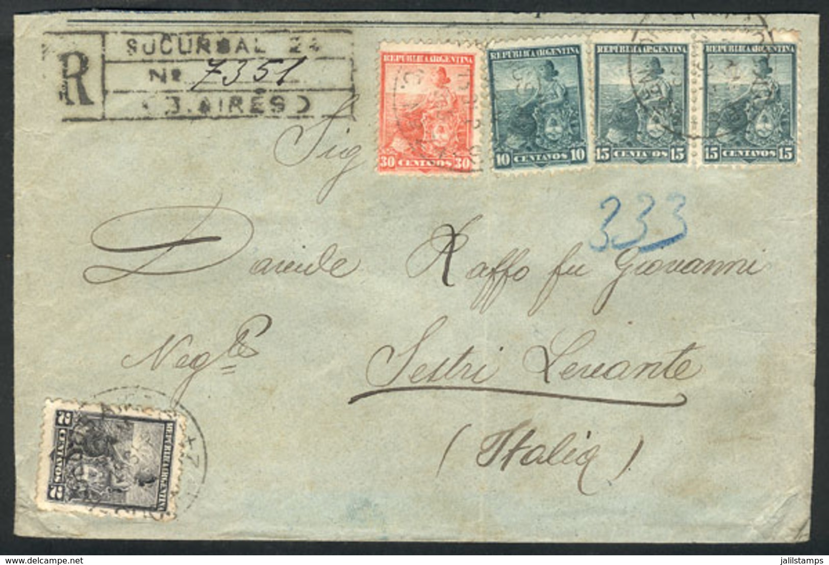 ARGENTINA: Registered Cover Sent To Italy On 13/SE/1903, Nice Postage Of 72c. Of Stamps Of The Seated Liberty Issue - Autres & Non Classés