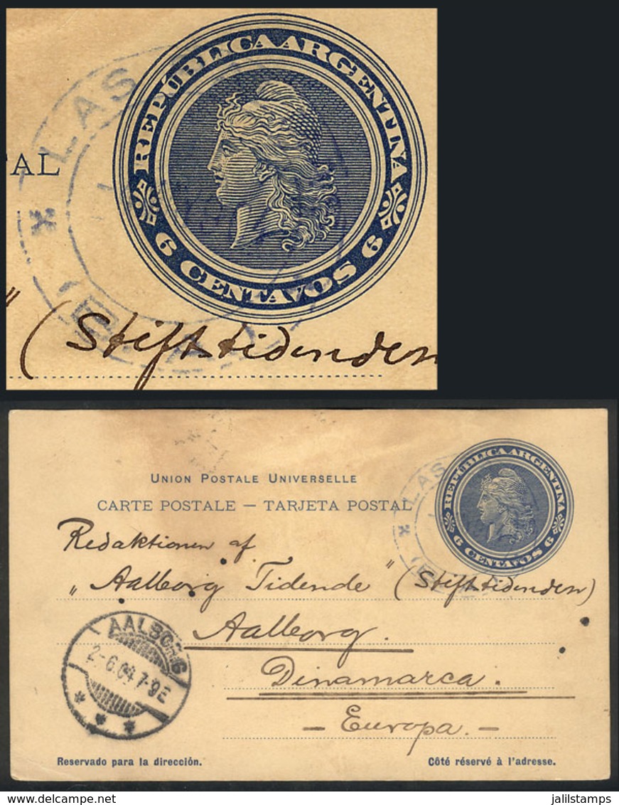 ARGENTINA: 6c. Liberty Postal Card Sent From LAS PALMAS (Buenos Aires) To Denmark On 3/MAY/1904, With Double Circle - Autres & Non Classés