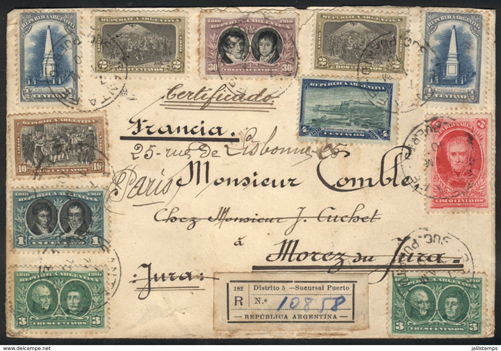 ARGENTINA: Registered Cover Sent From SUCURSAL PUERTO In Santa Fe To France On 7/JUL/1910, With Nice Multicolor Pos - Autres & Non Classés
