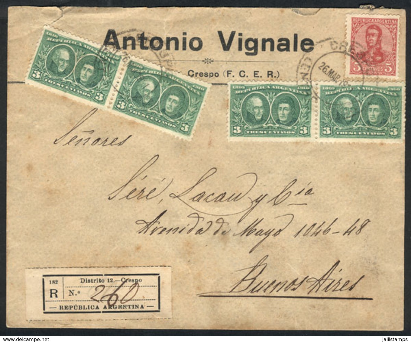 ARGENTINA: Registered Cover Sent From CRESPO To Buenos Aires On 26/MAR/1911 With Nice Franking Of 17c. Combining 2 - Autres & Non Classés