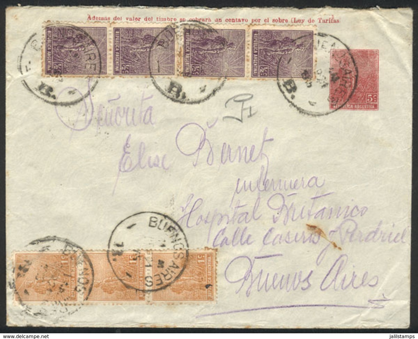 ARGENTINA: 5c. Plowman Stationery Envelope + Additional Franking (½c. X4 + 1c. X3), Total Postage 10c., Used In Bue - Autres & Non Classés