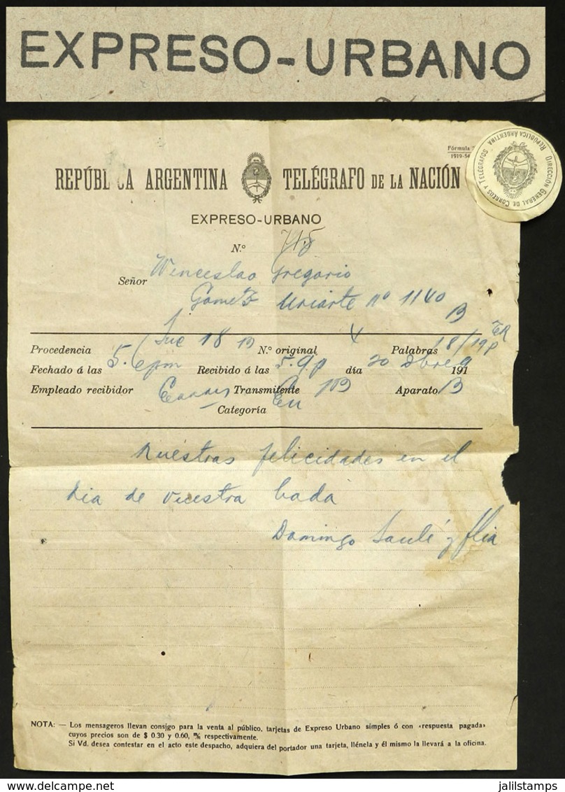 ARGENTINA: EXPRESO URBANO Used In Buenos Aires On 20/DE/1919, With Telegraph Seal, Very Interesting! - Altri & Non Classificati