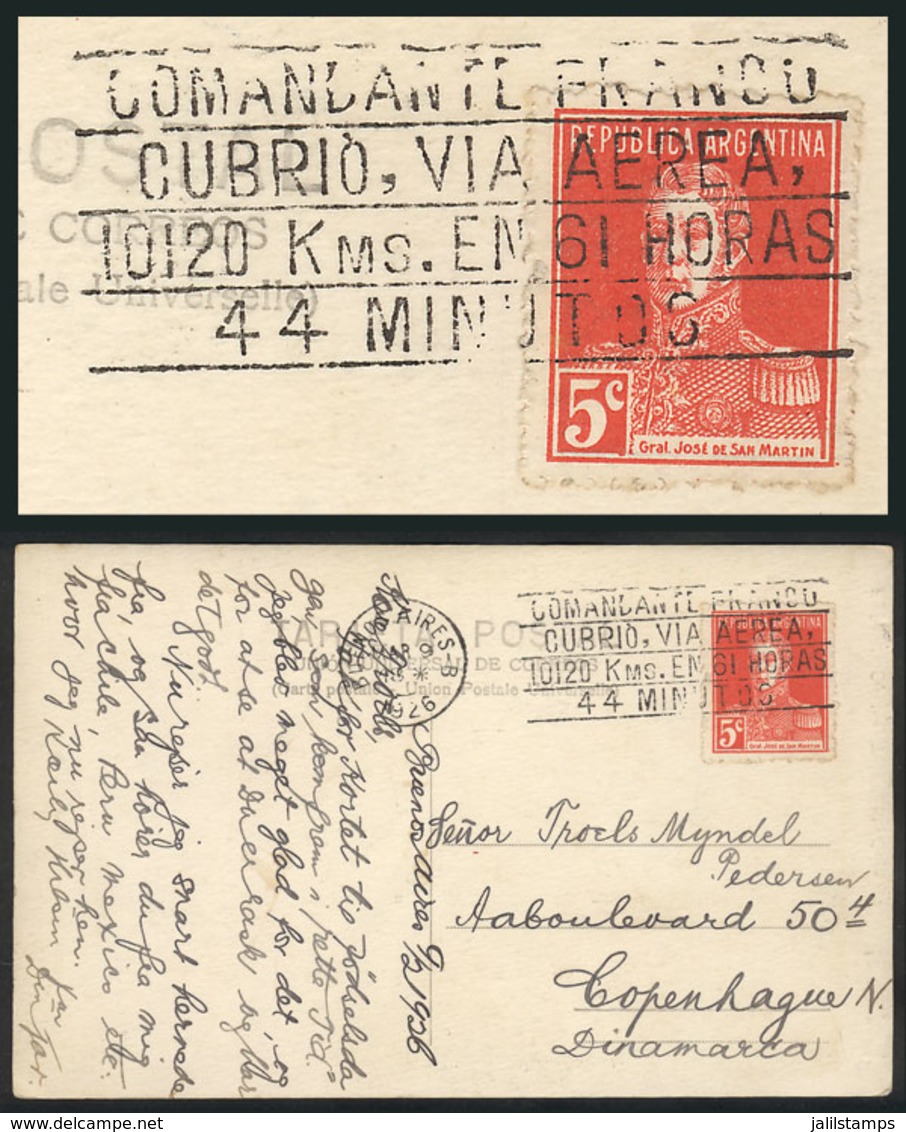 ARGENTINA: PC Sent To Denmark On 9/MAR/1926, With 5c. Franking And Slogan Cancel: Commander Franco Flew 10,120 Kilo - Autres & Non Classés