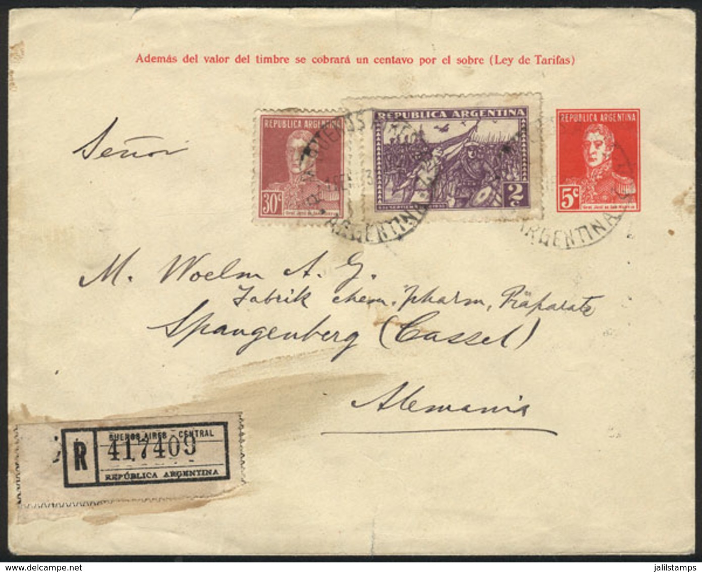 ARGENTINA: 5c. Stationery Envelope + Additional 32c., Sent By Registered Mail From Buenos Aires To Germany On 1/FE/ - Sonstige & Ohne Zuordnung