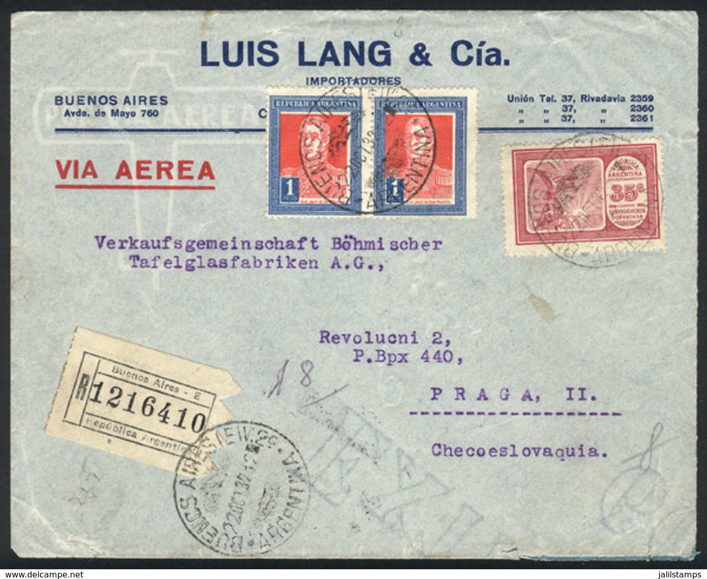 ARGENTINA: 22/OCT/1932 Buenos Aires - Czechoslovakia, Registered Airmail Cover Franked With 2.35P., Very Fine Quali - Autres & Non Classés
