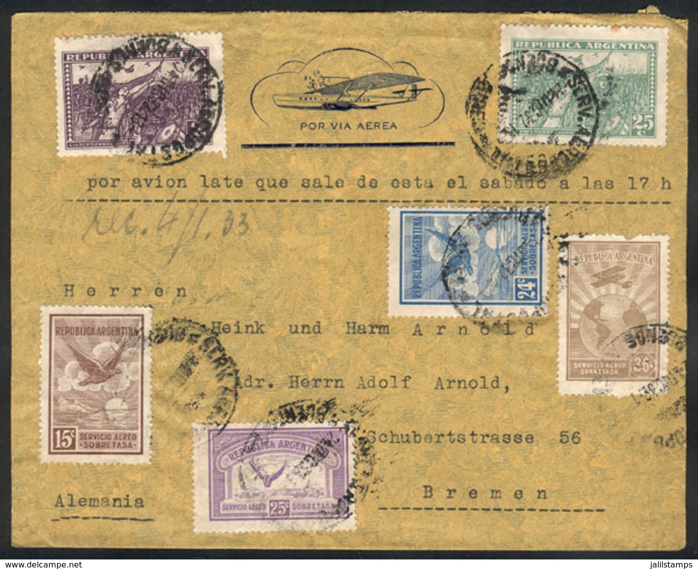 ARGENTINA: Airmail Cover Sent To Germany On 24/DE/1932, Very Nice Multicolor Postage Of 6 Different Stamps (total 1 - Altri & Non Classificati