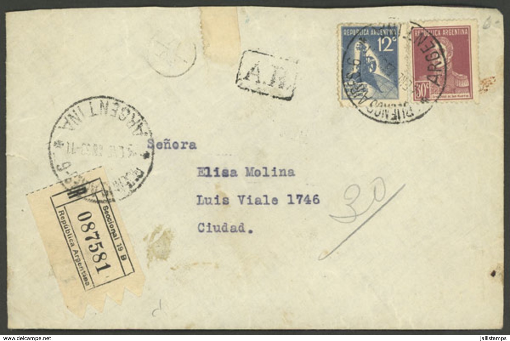 ARGENTINA: Registered Cover With AR Used In Buenos Aires On 4/JA/1933, Franked With 42c. (30c. San Martín W/o Perio - Autres & Non Classés