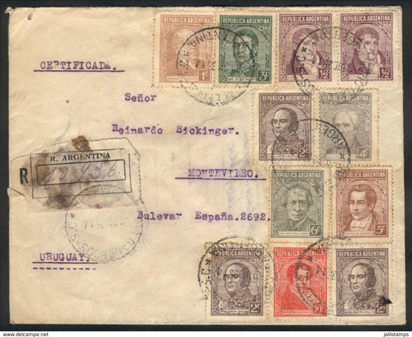 ARGENTINA: Registered Cover Sent From RIO GALLEGOS To Montevideo On 9/DE/1935, With Attractive Multicolor Postage O - Autres & Non Classés