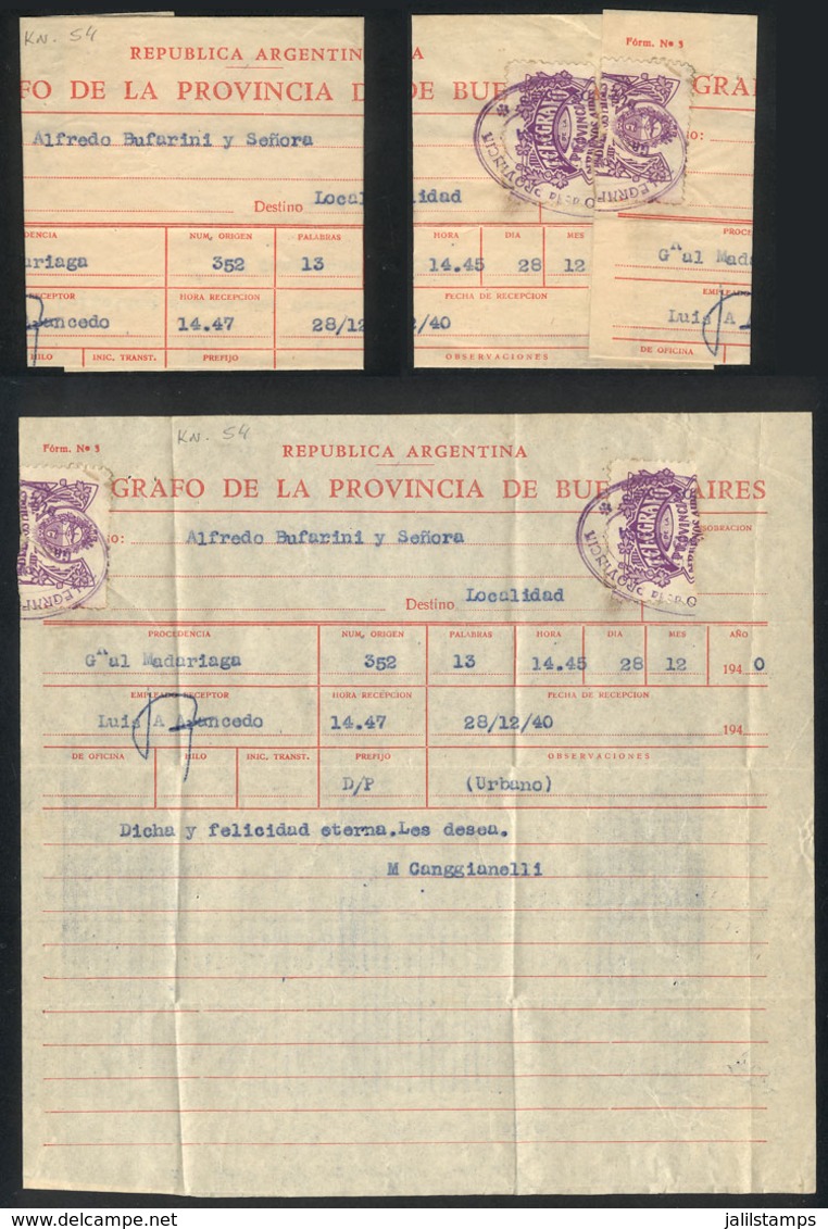 ARGENTINA: Telegram Of 28/DE/1940, With Interesting SEAL Of The Telegraph Of The Province Of Buenos Aires! - Autres & Non Classés