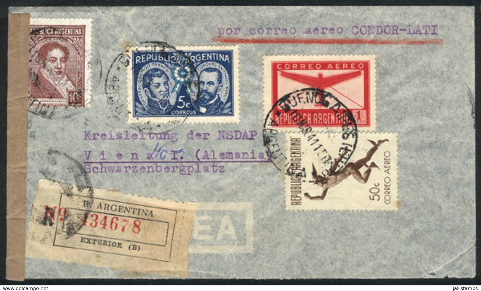 ARGENTINA: Registered Airmail Cover Sent On 10/MAR/1941 To Austria (Wien, At The Time Annexed To Germany), Via COND - Altri & Non Classificati