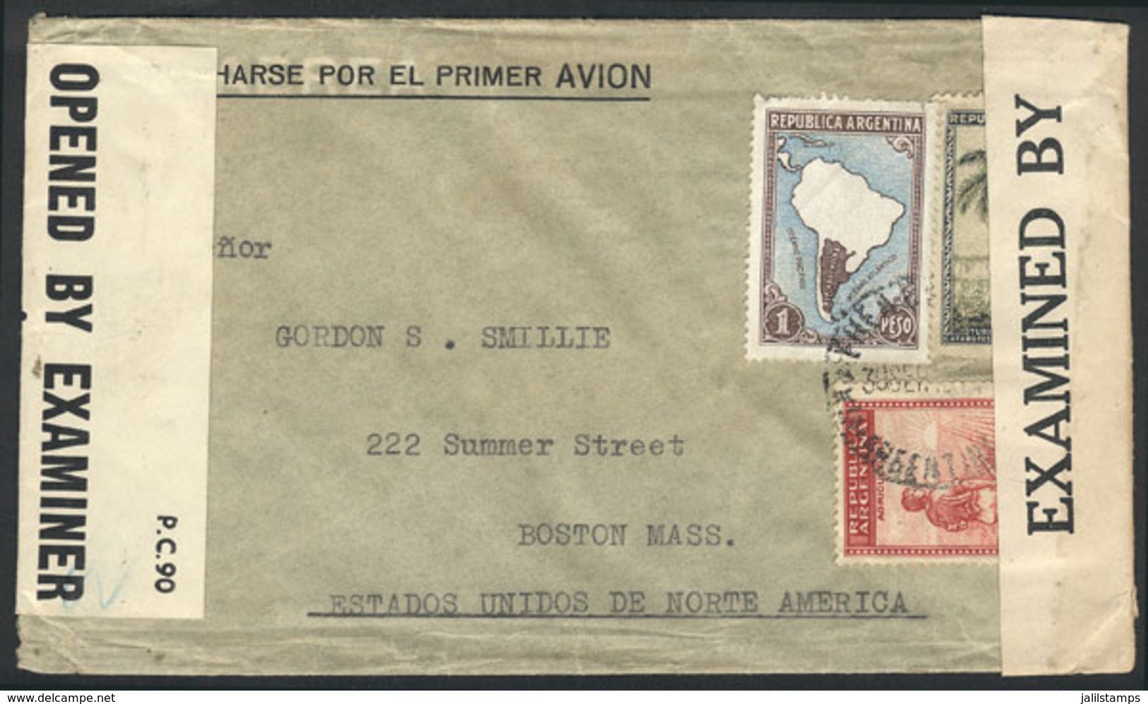 ARGENTINA: Airmail Cover Sent From Buenos Aires To USA On 30/SE/1943 Franked With 6.25P. Including 1P. Map On CHALK - Autres & Non Classés