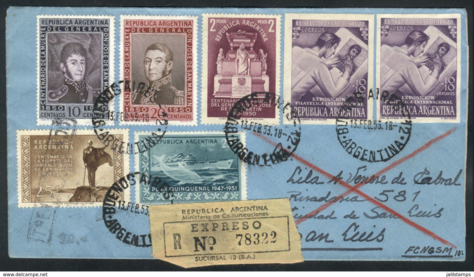 ARGENTINA: Express Cover Sent To San Luis On 13/FE/1953, With Spectacular Postage Of 3P., Excellent Quality! - Altri & Non Classificati