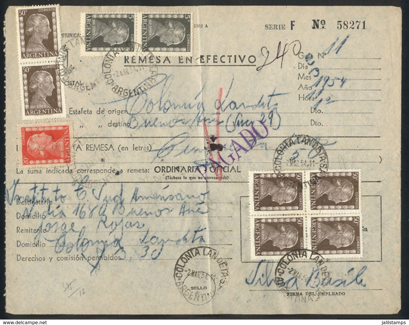 ARGENTINA: Cash Remittance Sent From COLONIA LANDETA (Santa Fe) To Buenos Aires On 2/MAR/1954, With Stamps Of The E - Autres & Non Classés
