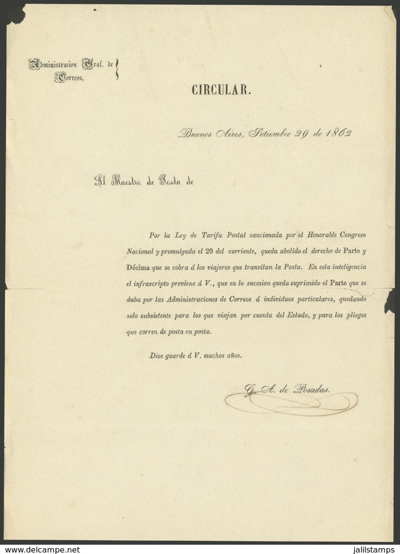 ARGENTINA: Interesting Circular Letter Of The Post Signed By Gervasio De Posadas, Dated 29/SE/1862, With Indications A - Ohne Zuordnung