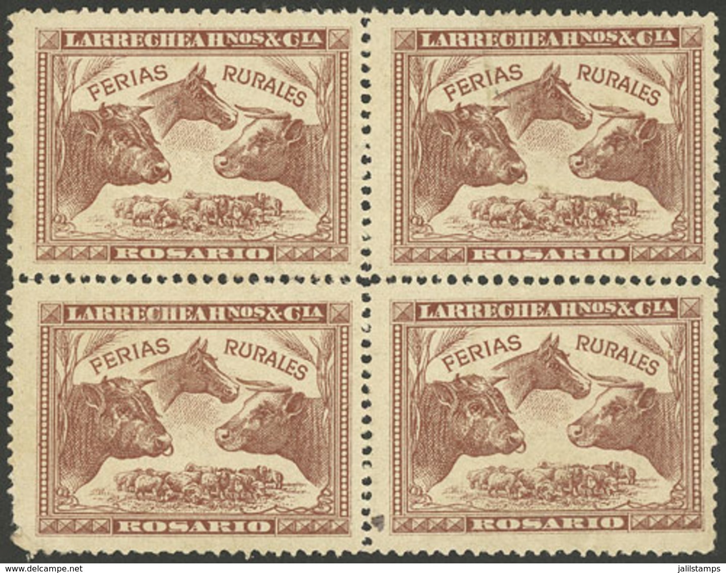 ARGENTINA: Larrechea Hnos. & Cía, Rosario, Beautiful Cinderella With View Of Cattle, Circa 1900, Block Of 4 Mint Witho - Etichette Di Fantasia