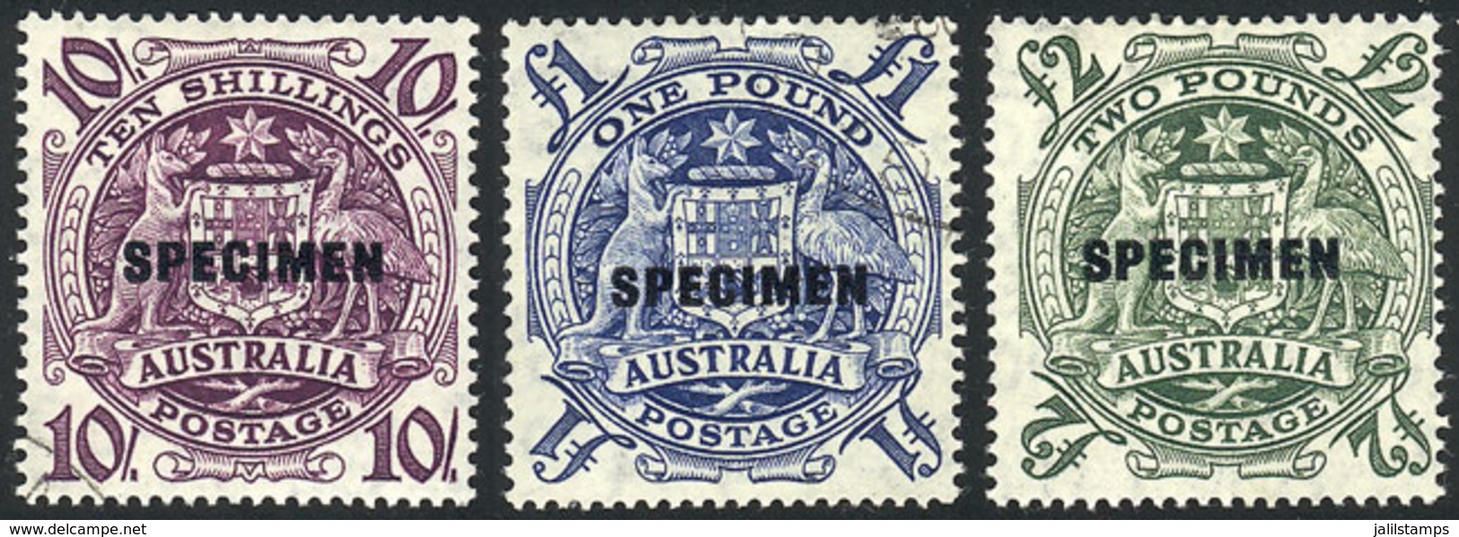 AUSTRALIA: Sc.219/221, 1949/50 10S. + 1£ + 2£ With SPECIMEN Overprint. The 1£ Value Canceled To Order, All Mint Wit - Autres & Non Classés