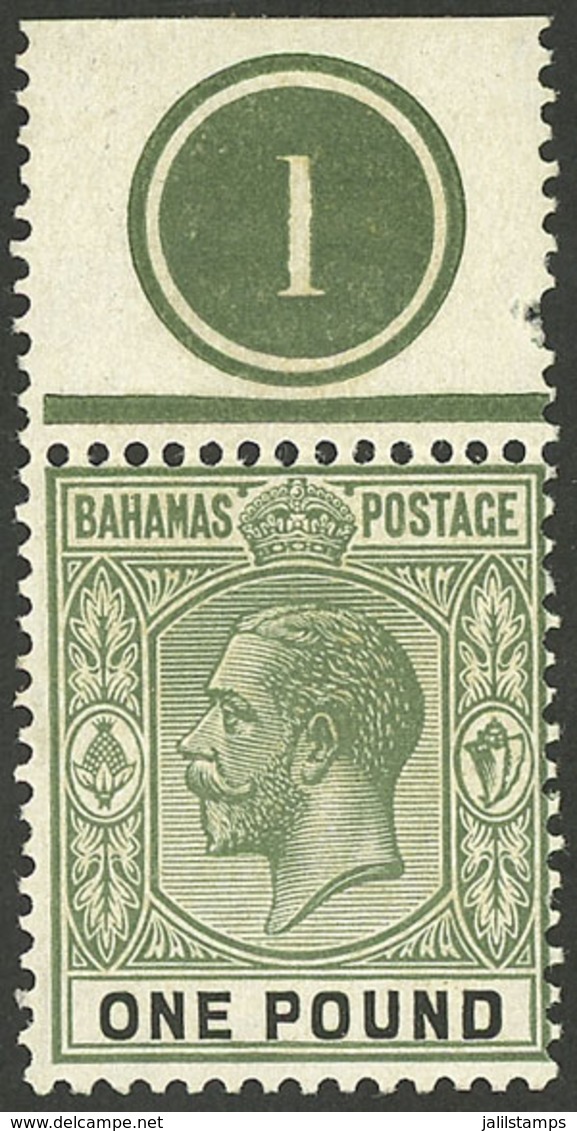 BAHAMAS: Sc.84, 1921/34 1£ MNH, With Decorative Sheet Margin (with Hinge Mark In The Margin, The Stamp Is MNH Per - Sonstige & Ohne Zuordnung