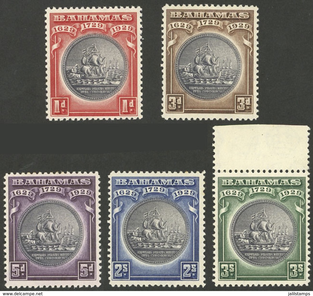 BAHAMAS: Sc.85/89, 1930 Tercentenary (ship), Cmpl. Set Of 5 Values, Mint Lightly Hinged, The High Value MNH With - Altri & Non Classificati