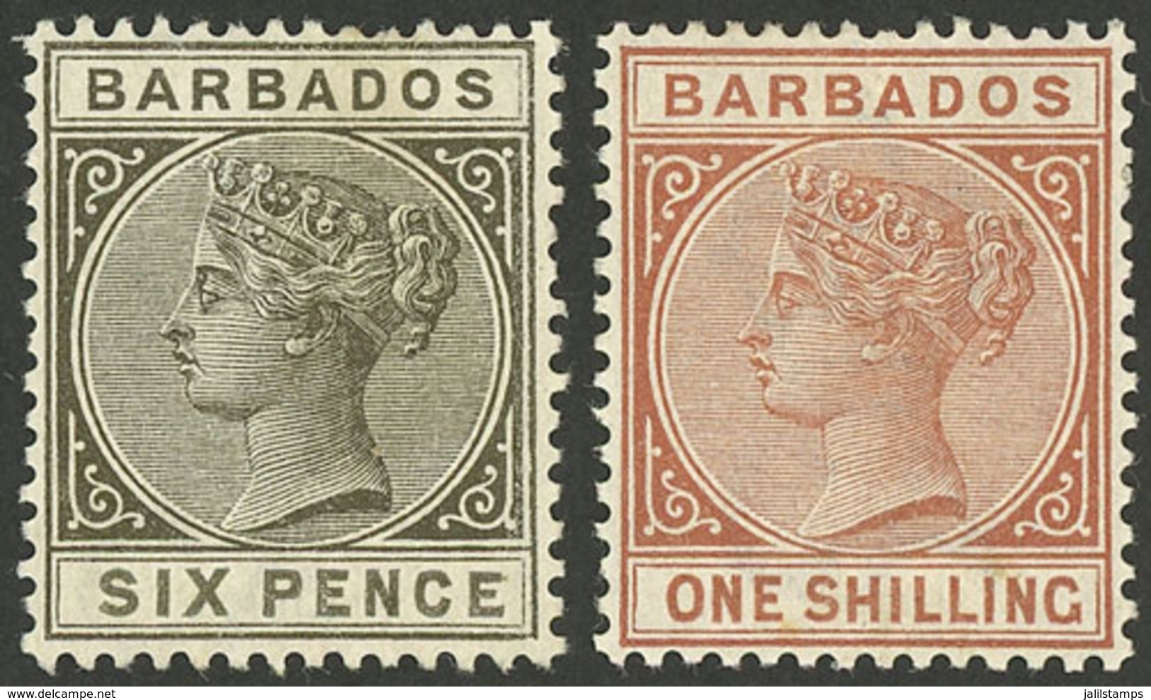 BARBADOS: Sc.66/67, 1882/5 Victoria 6p. And 1S., Mint With Tiny Hinge Marks, Excellent Quality! - Barbades (...-1966)