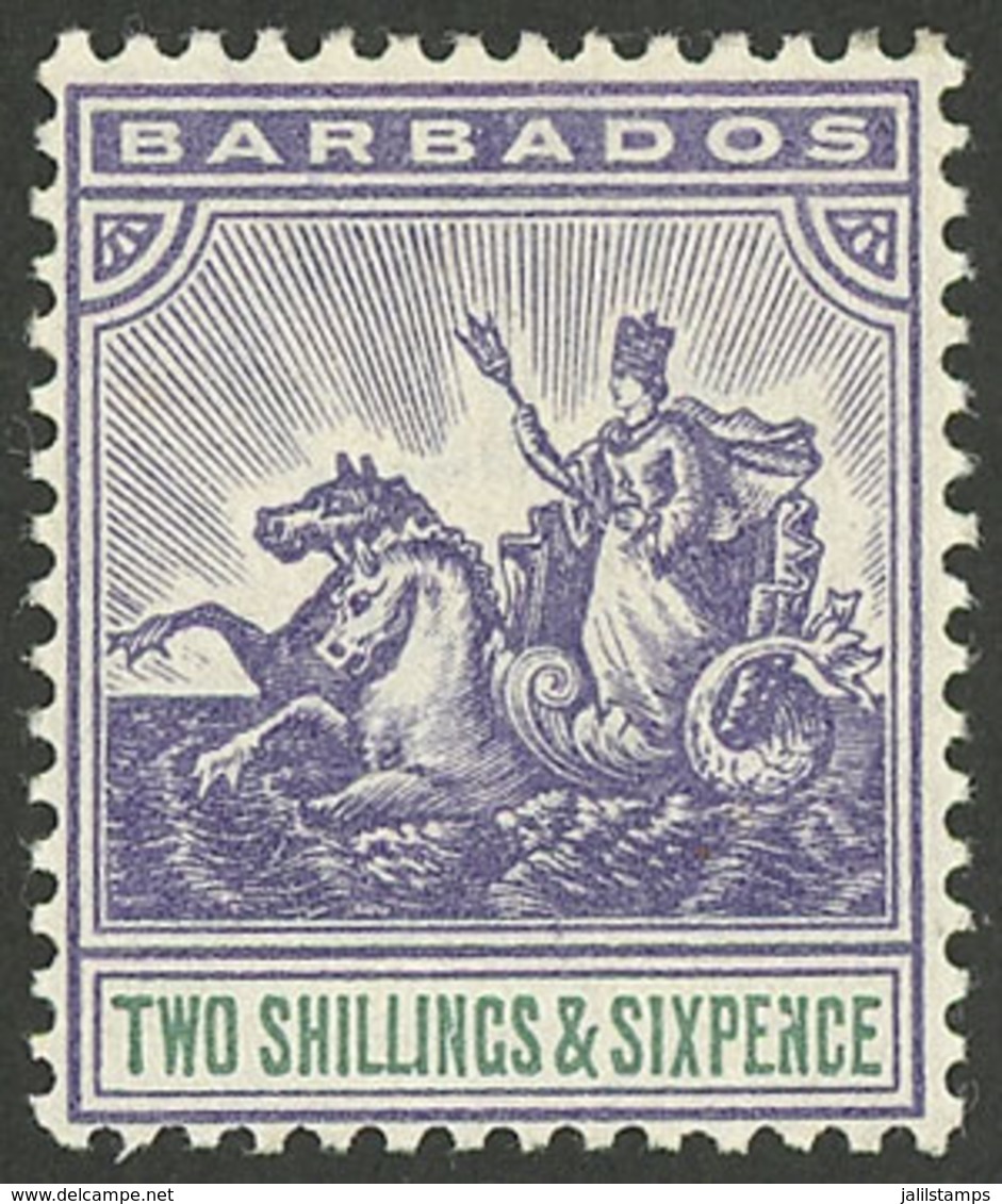 BARBADOS: Sc.80, 1903 2/6 Purple And Green (with Single Crown CA Watermark), Mint With Tiny Hinge Mark, Excellent - Barbados (...-1966)