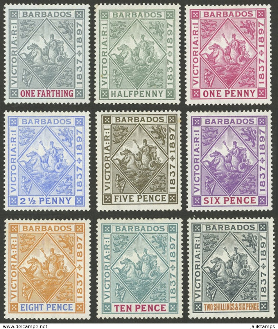 BARBADOS: Sc.81/89, 1897 Centenary, Cmpl. Set Of 9 Values, Mint Lightly Hinged, Fine To VF Quality, One Printed On - Barbades (...-1966)