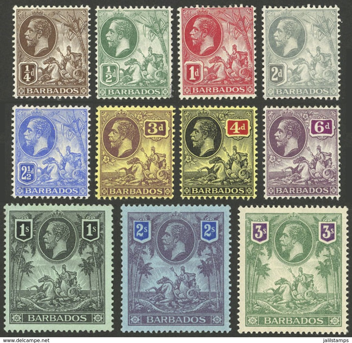 BARBADOS: Sc.116/126, 1912 Neptune And George V, Cmpl. Set Of 11 Mint Values, The 3S. (high Value) MNH, VF! - Barbados (...-1966)