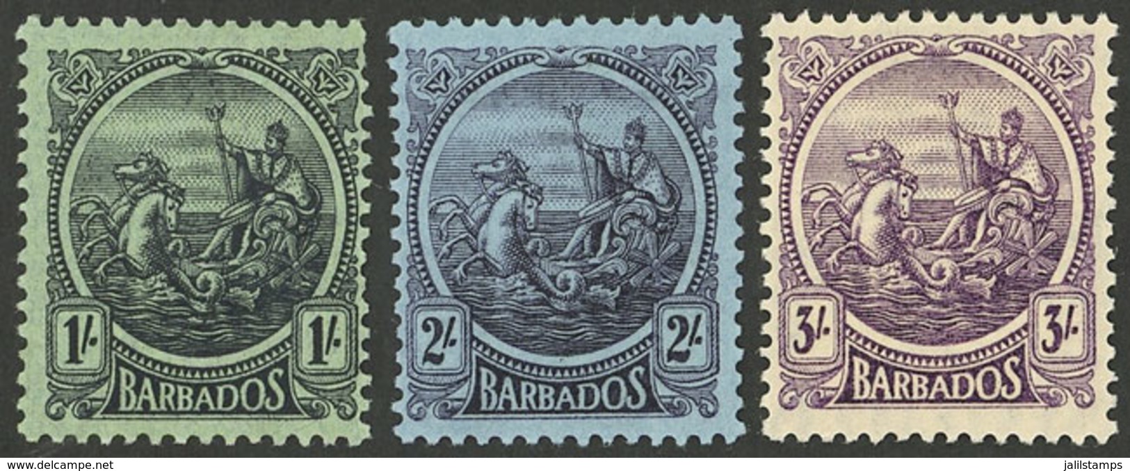 BARBADOS: Sc.159/161, 1921/4 Neptune, The 3 High Values Of The Set, Mint Very Lightly Hinged, Excellent Quality! - Barbades (...-1966)