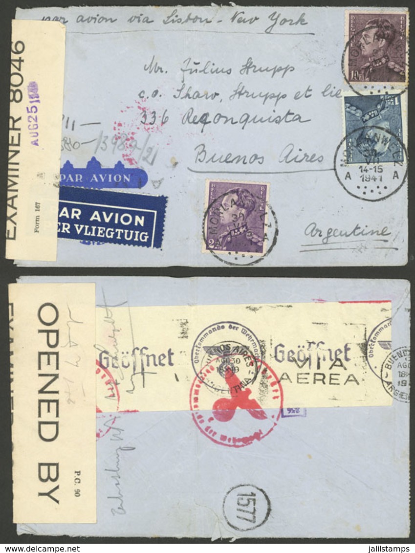 BELGIUM: 30/JUL/1941 Morlanwelz - Buenos Aires, Airmail Cover Franked With 13.75Fr. And DOUBLE Nazi + Allied Cens - Other & Unclassified