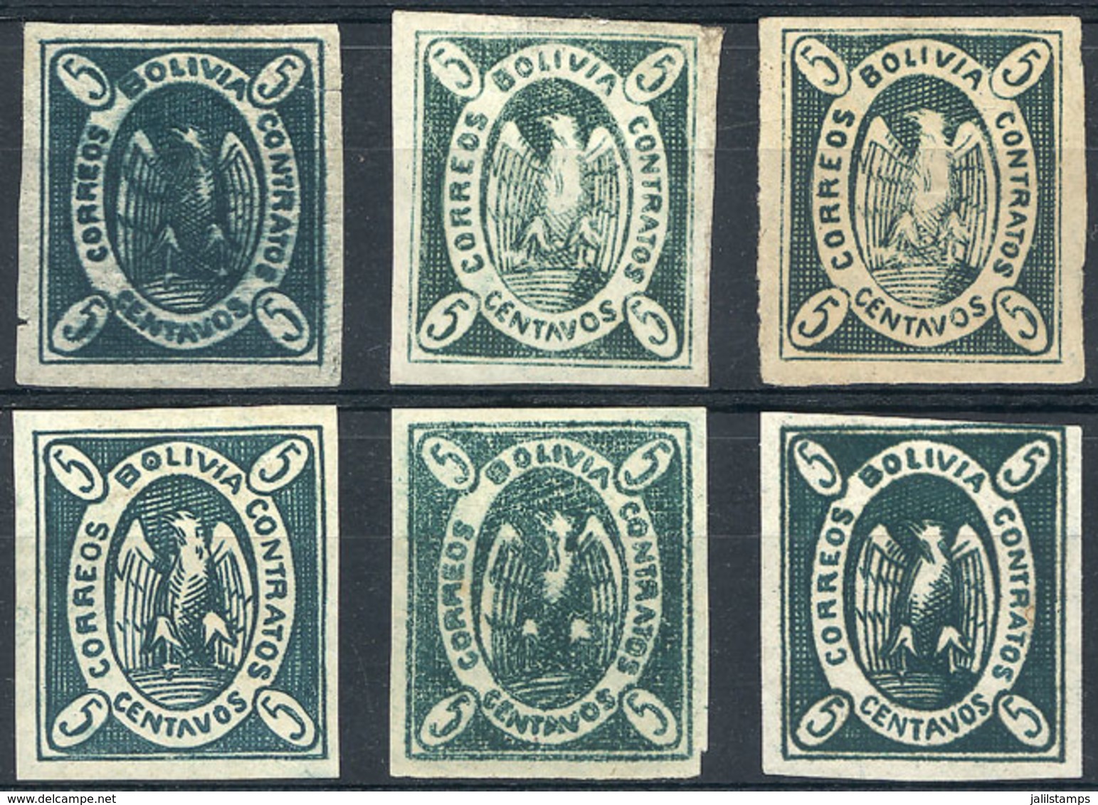 BOLIVIA: Sc.1, 1867/8 Condor 5c., 6 Examples Mint Original Gum (1 Without Gum), Varied Reengravings And Types, Ve - Bolivie