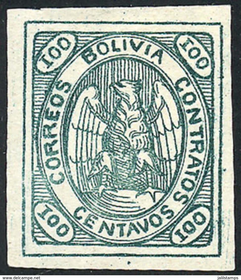 BOLIVIA: Sc.8, 1867/8 Condor 100c. Green, Mint No Gum, Very Fine Quality, With Certificate Of The Royal Philateli - Bolivia