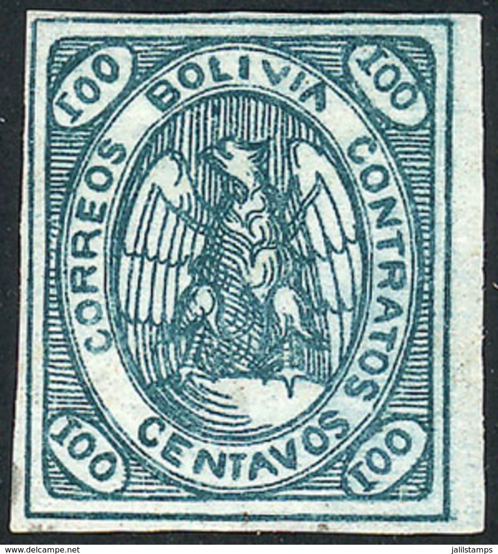 BOLIVIA: Sc.8a, 1867/8 Condor 100c. Pale Green-blue, Mint Original Gum, With Guarantee Mark Of J.H.Stolow On Back - Bolivie