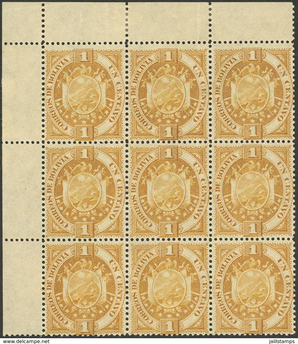 BOLIVIA: Sc.40, Thin Paper (London Printing), Beautiful Corner Block Of 9, VF! - Bolivien